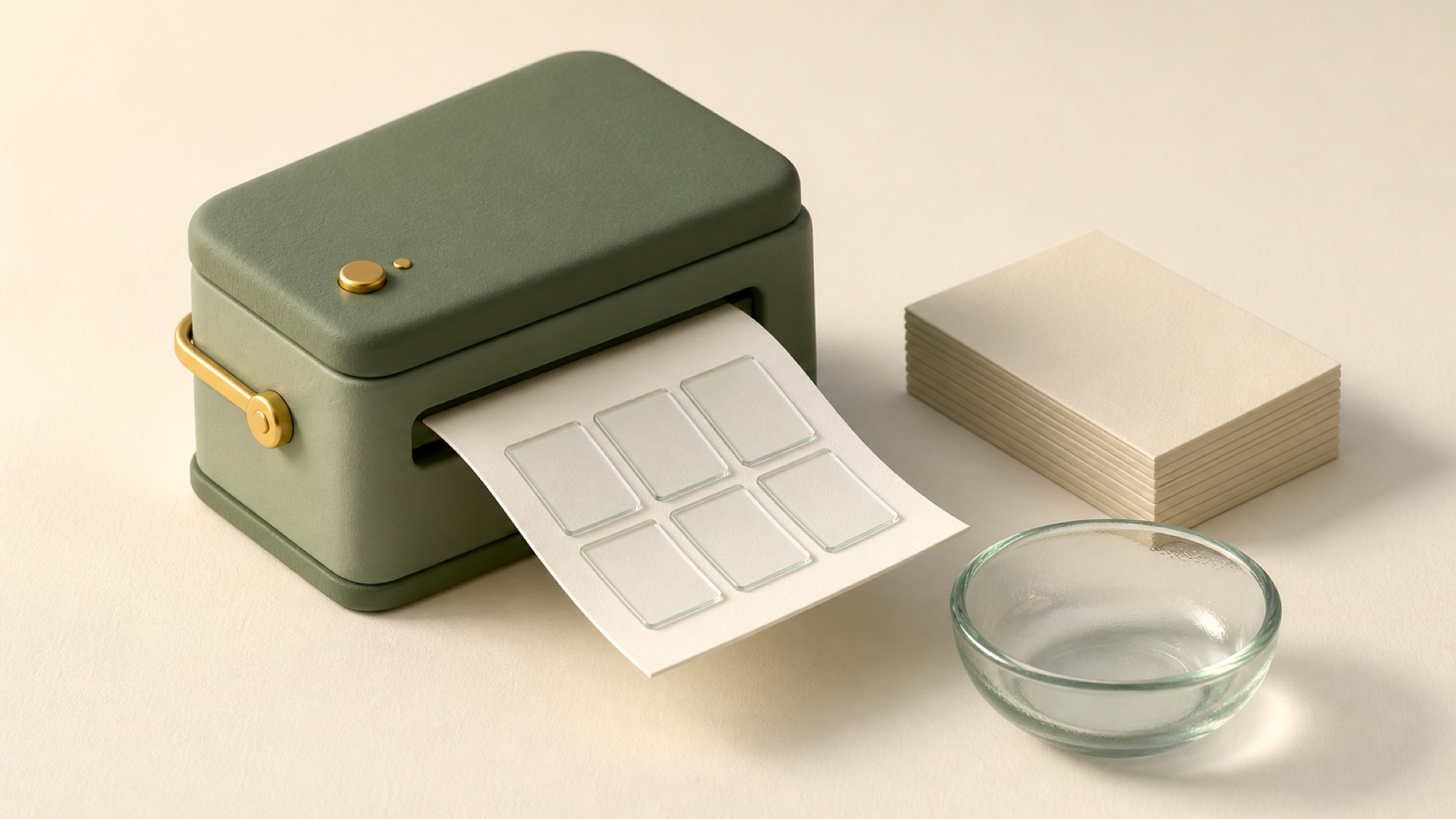 Miniaturszene: ein Clay-Drucker schiebt einen Bogen mit leeren Glasfeldern aus